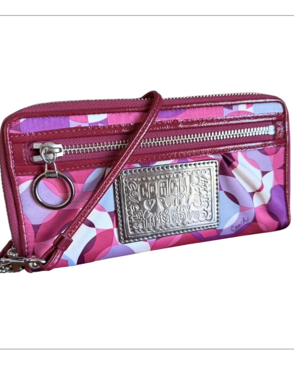 Coach NWOT POPPY satin Pink Purple red Signature C large wallet with Wristlet